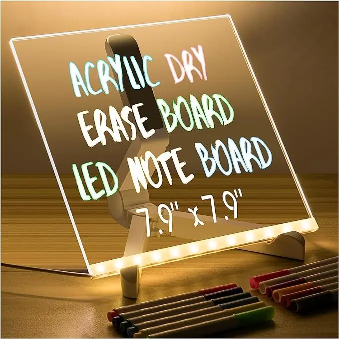 3D Acrylic Writing Board with Pen & Light, LED Rewritable Acrylic Message board with stand(20cm X 20cm) (Pack of 1